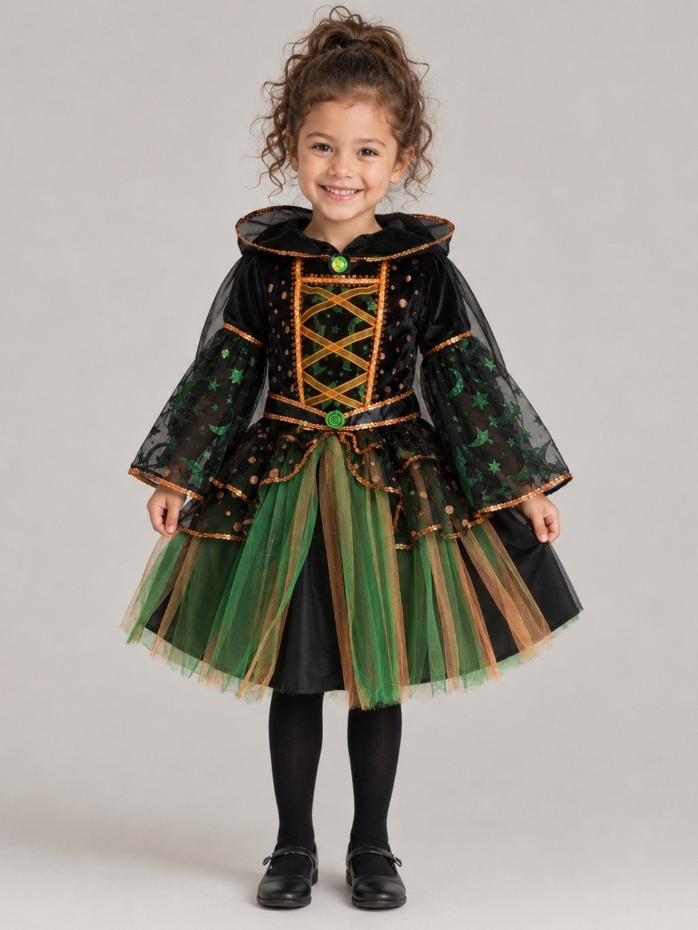 🧙♀️✨ Teetot Girls Witch Costume 3–4 yrs - Black Green Orange Cape Pretend Play